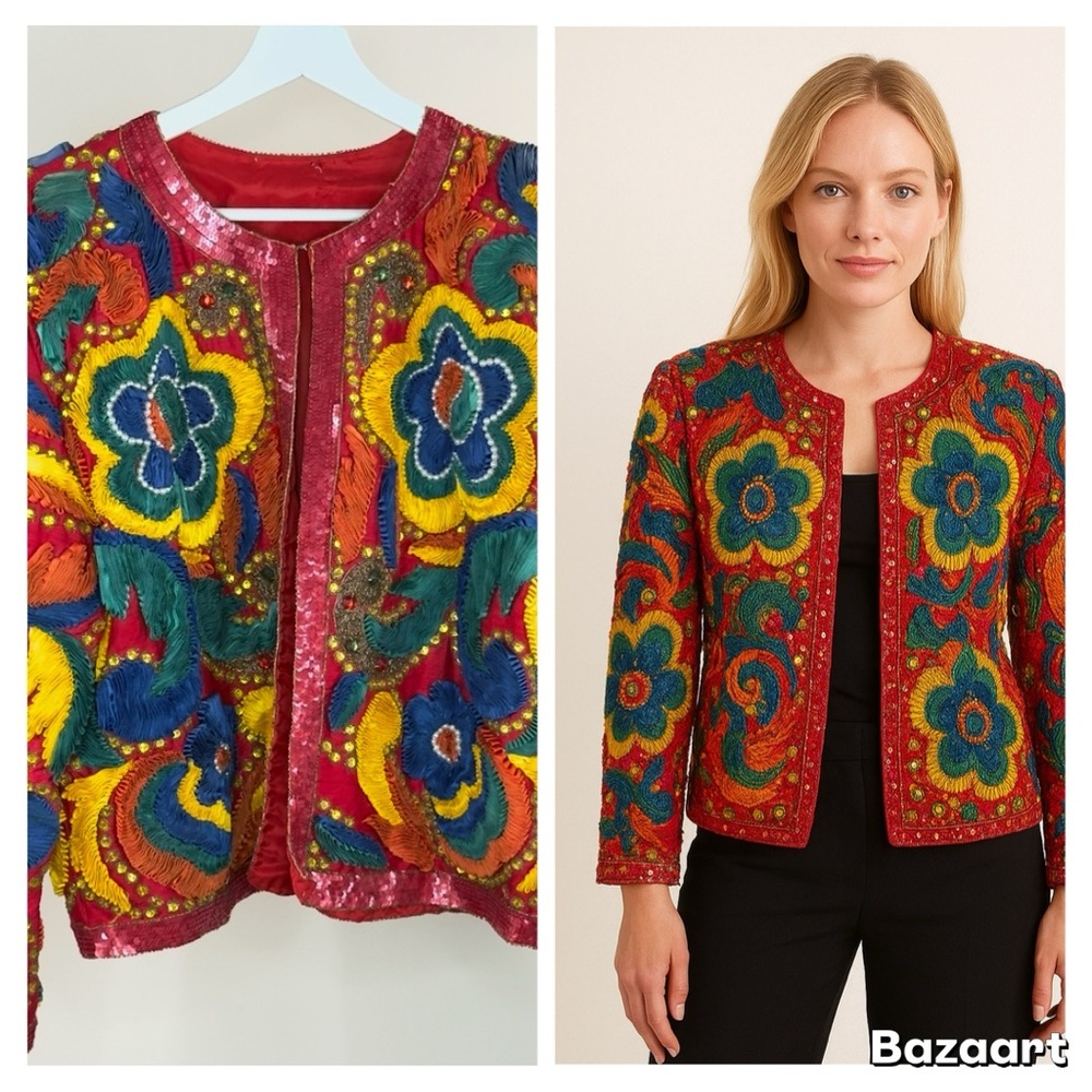 NEW Designer Sample Embroidered Jacket Colorful Boho Floral Statement Sz M - Picture 5 of 14